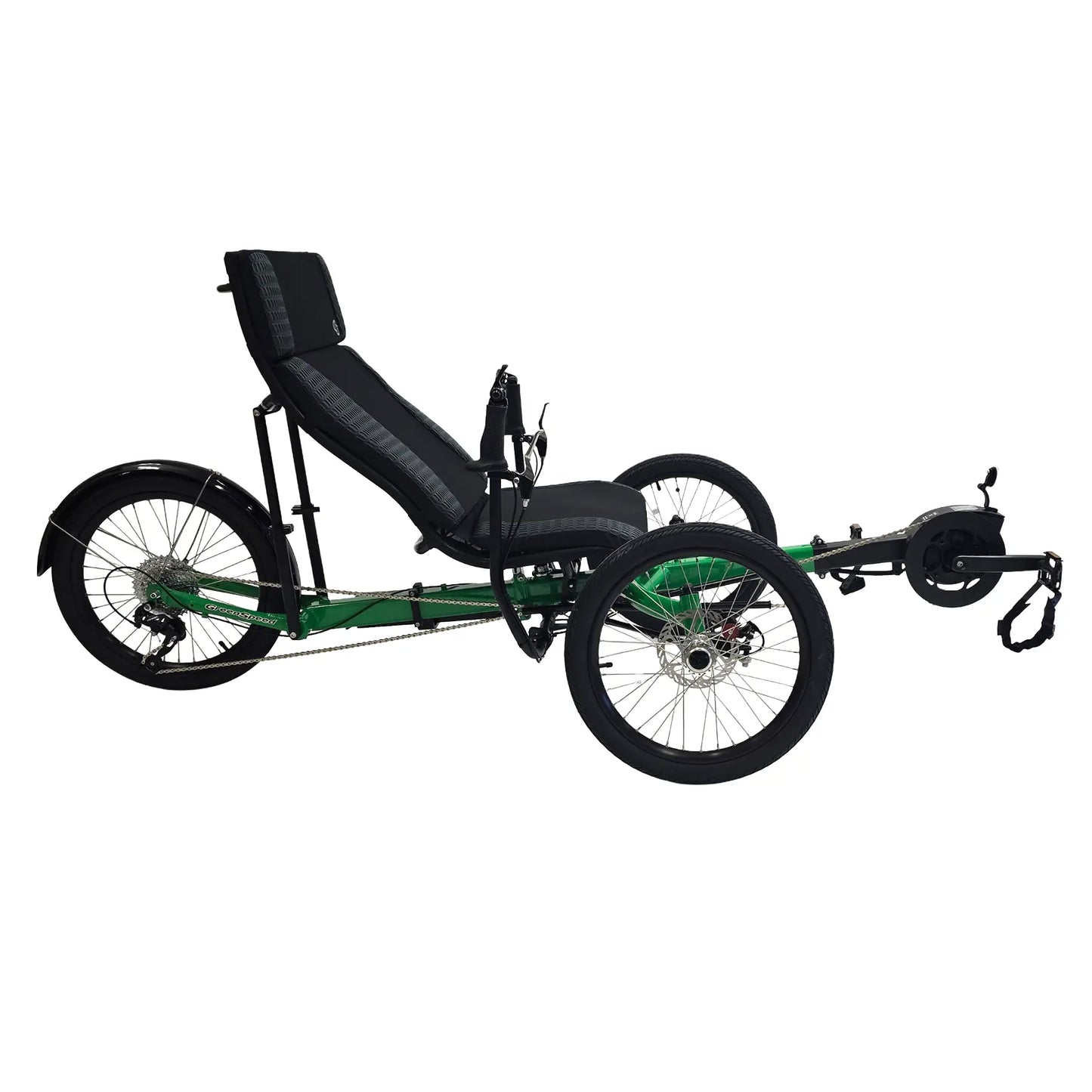 Side view of the Greenspeed Magnum XL Bosch e-Plus Recumbent Trike in Speed Green against a white background.