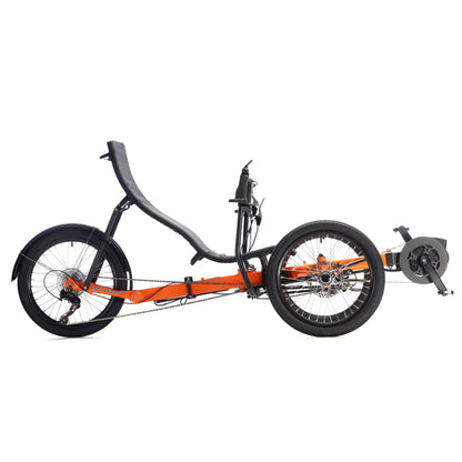 Side view of the Greenspeed Magnum XL Bosch e-Plus Recumbent Trike in Tangerine Dream against a white background.