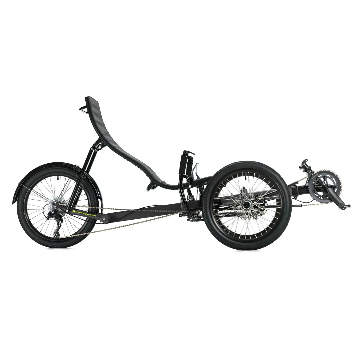 Side view of the Greenspeed Magnum XL Recumbent Trike in Smoke against a white background.