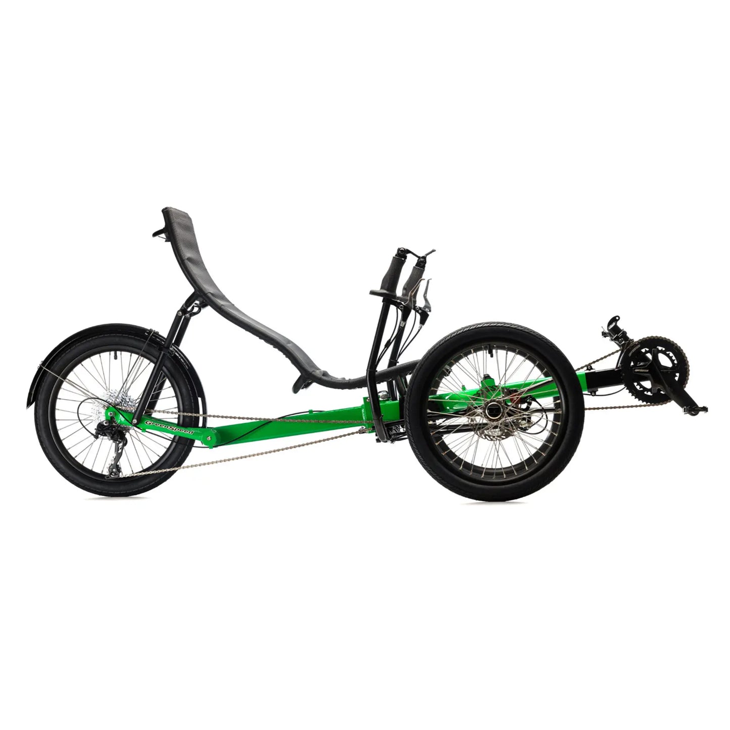 Side view of the Greenspeed Magnum XL Recumbent Trike in Speed Green against a white background.