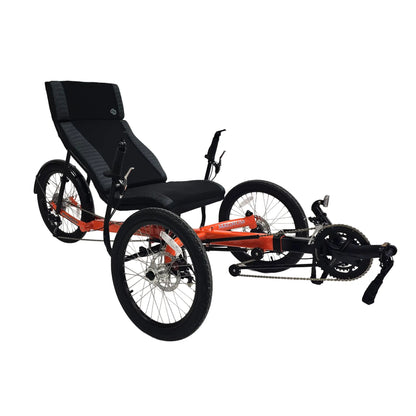 Angled side view of the Greenspeed Magnum XL Recumbent Trike in Tangerine Dream against a white background.