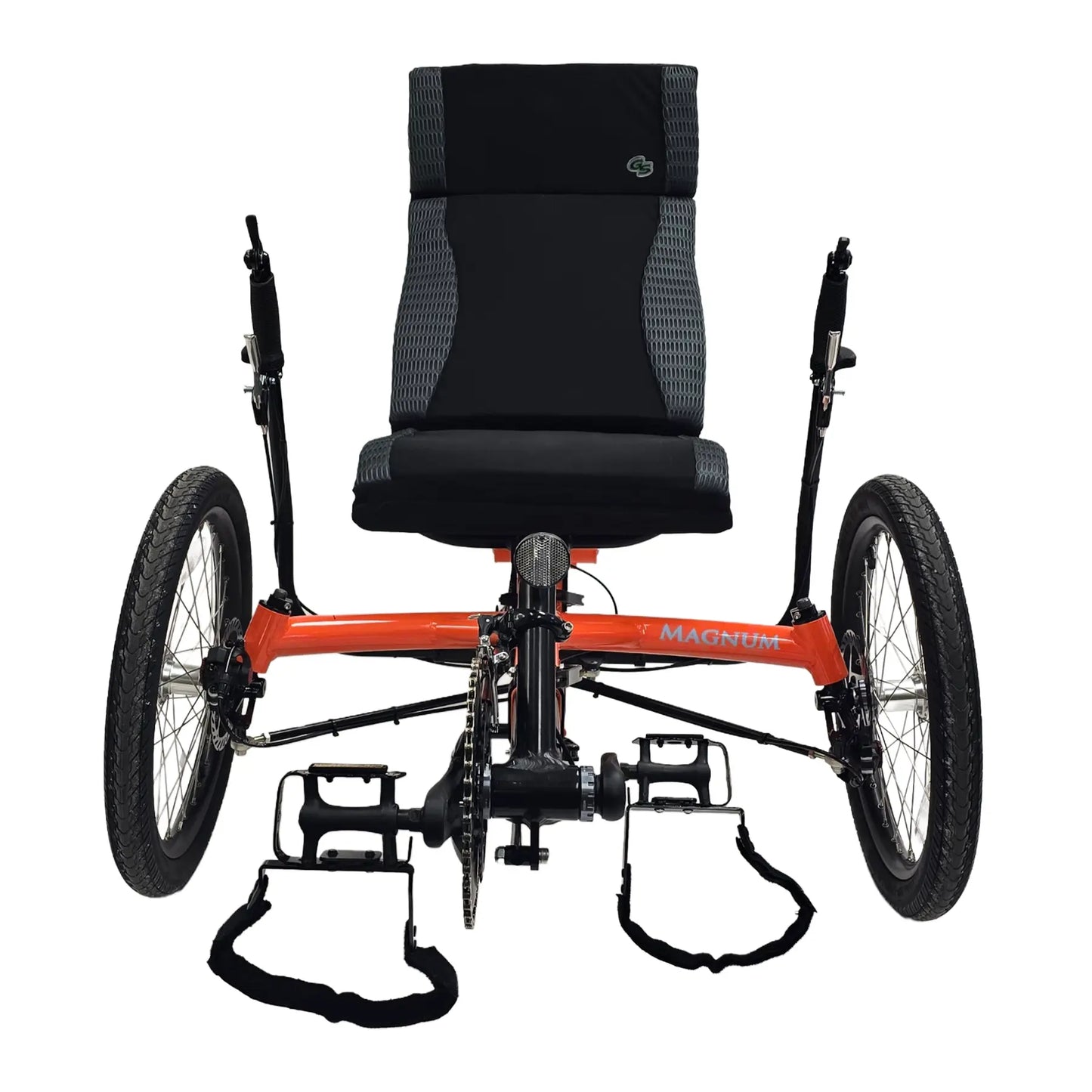 Front view of the Greenspeed Magnum XL Recumbent Trike in Tangerine Dream against a white background.