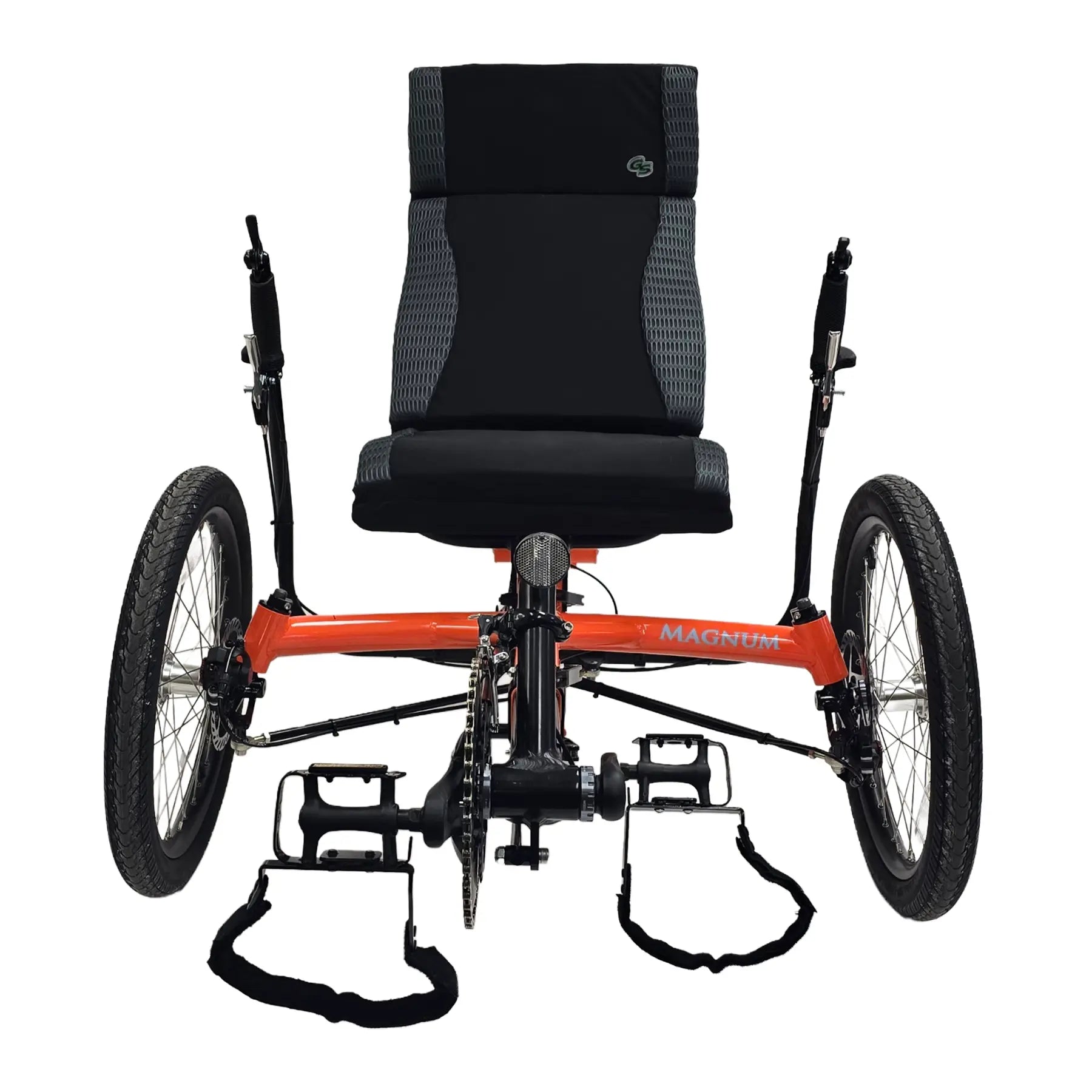 Front view of the Greenspeed Magnum XL Recumbent Trike in Tangerine Dream against a white background.