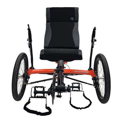 Front view of the Greenspeed Magnum XL Recumbent Trike in Tangerine Dream against a white background.