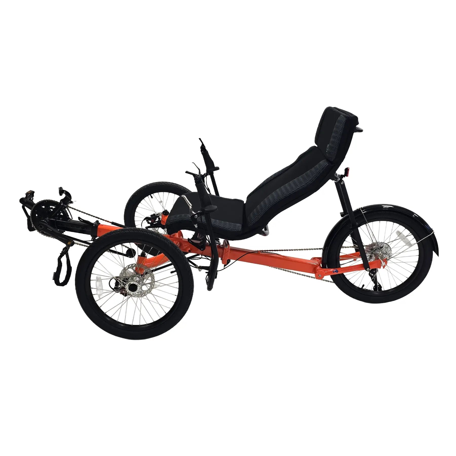 Non-drive side view of the Greenspeed Magnum XL Recumbent Trike in Tangerine Dream against a white background.