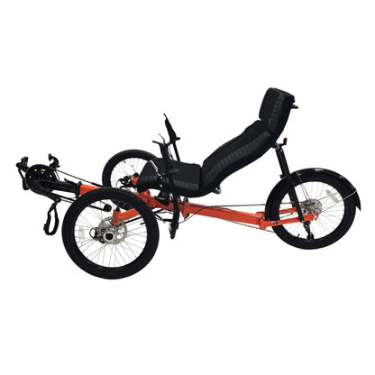 Non-drive side view of the Greenspeed Magnum XL Recumbent Trike in Tangerine Dream against a white background.