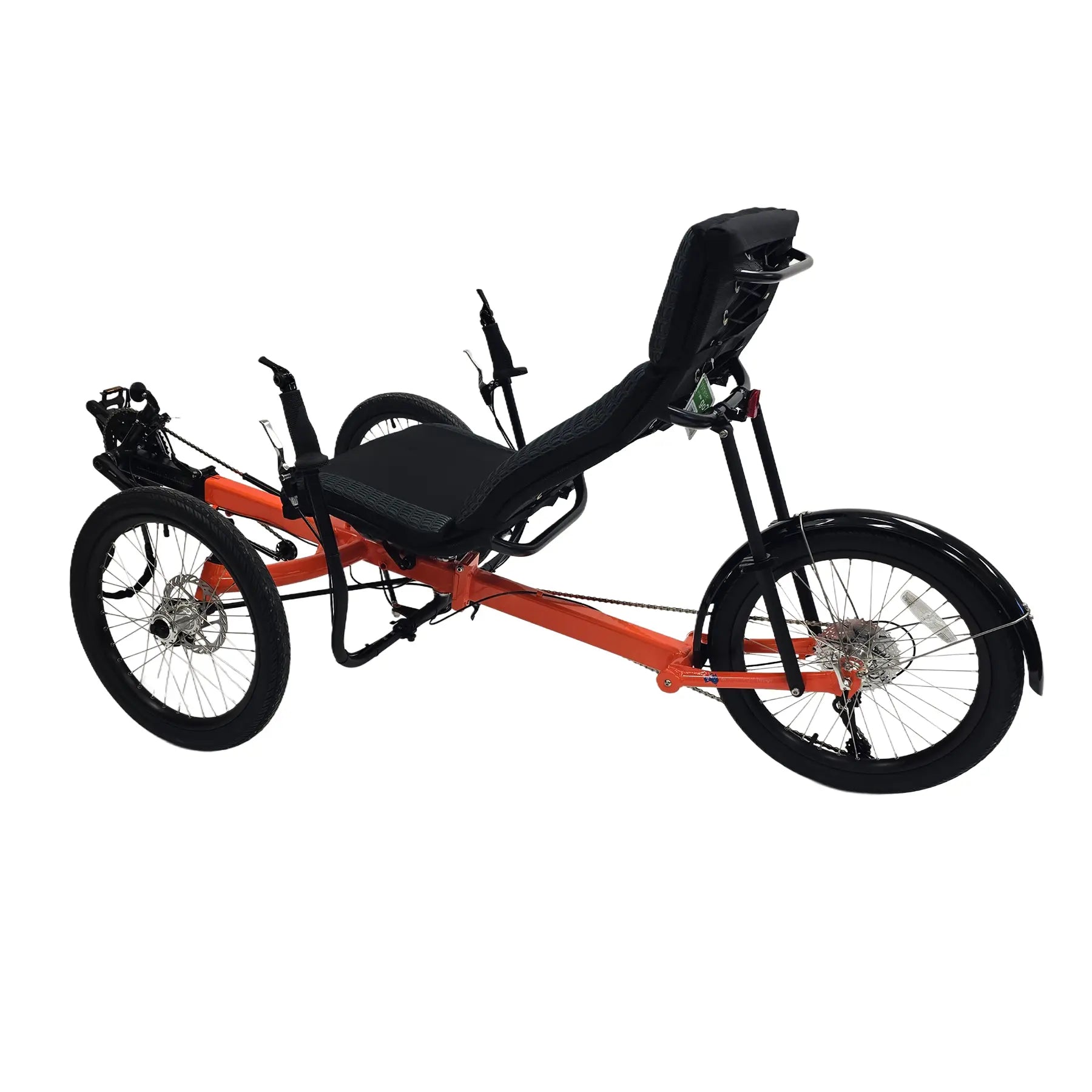 Rear angled side view of the Greenspeed Magnum XL Recumbent Trike in Tangerine Dream against a white background.