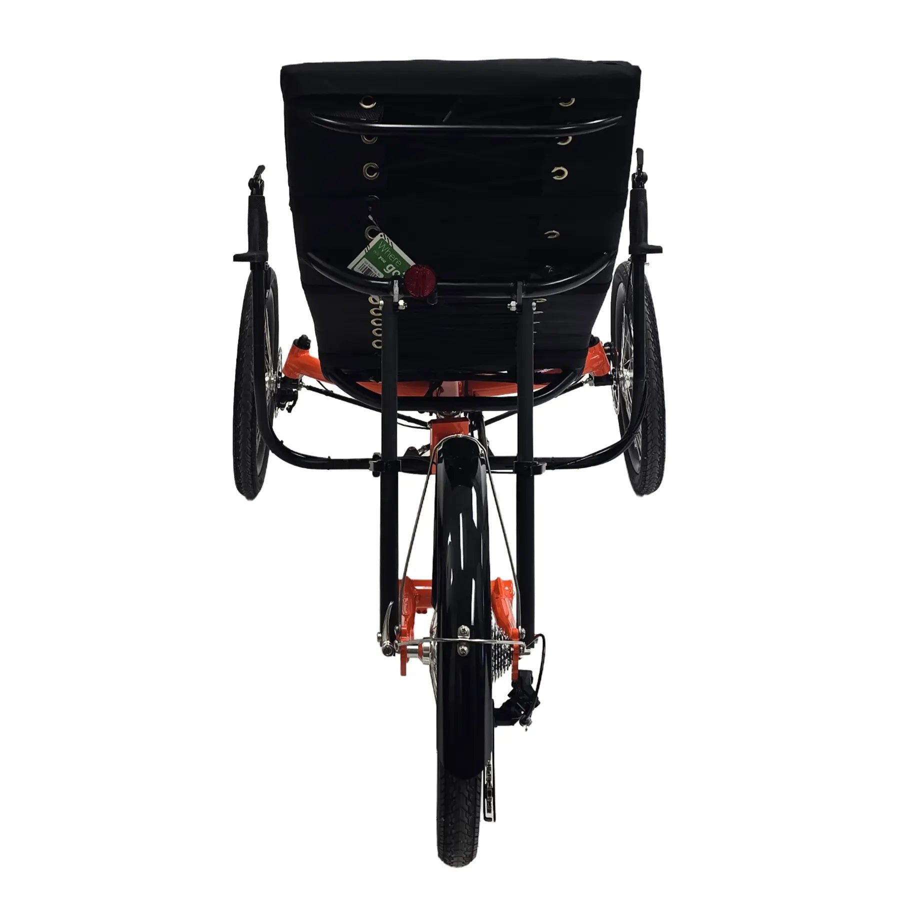 Rear view of the Greenspeed Magnum XL Recumbent Trike in Tangerine Dream against a white background.