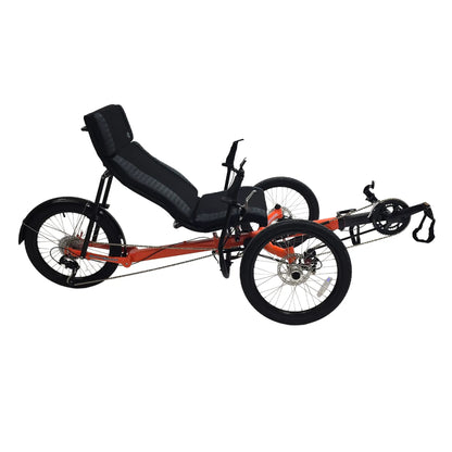 Side view of the Greenspeed Magnum XL Recumbent Trike in Tangerine Dream against a white background.