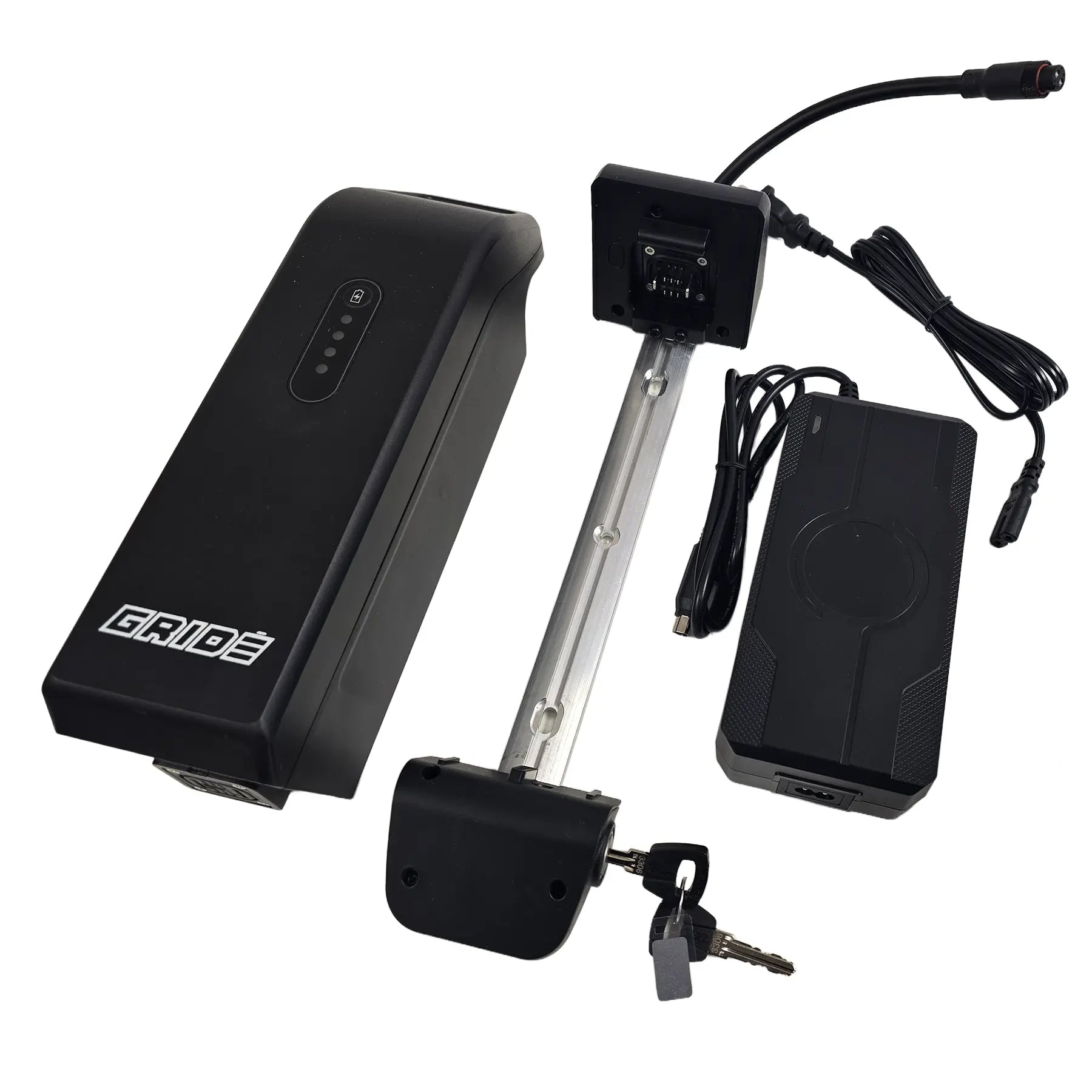 Closeup view of the battery, locking battery tray and charger on the GRIDE Solutions GXT Plus E-Trike Drive System for 26 inch Rear Wheels against a white background.
