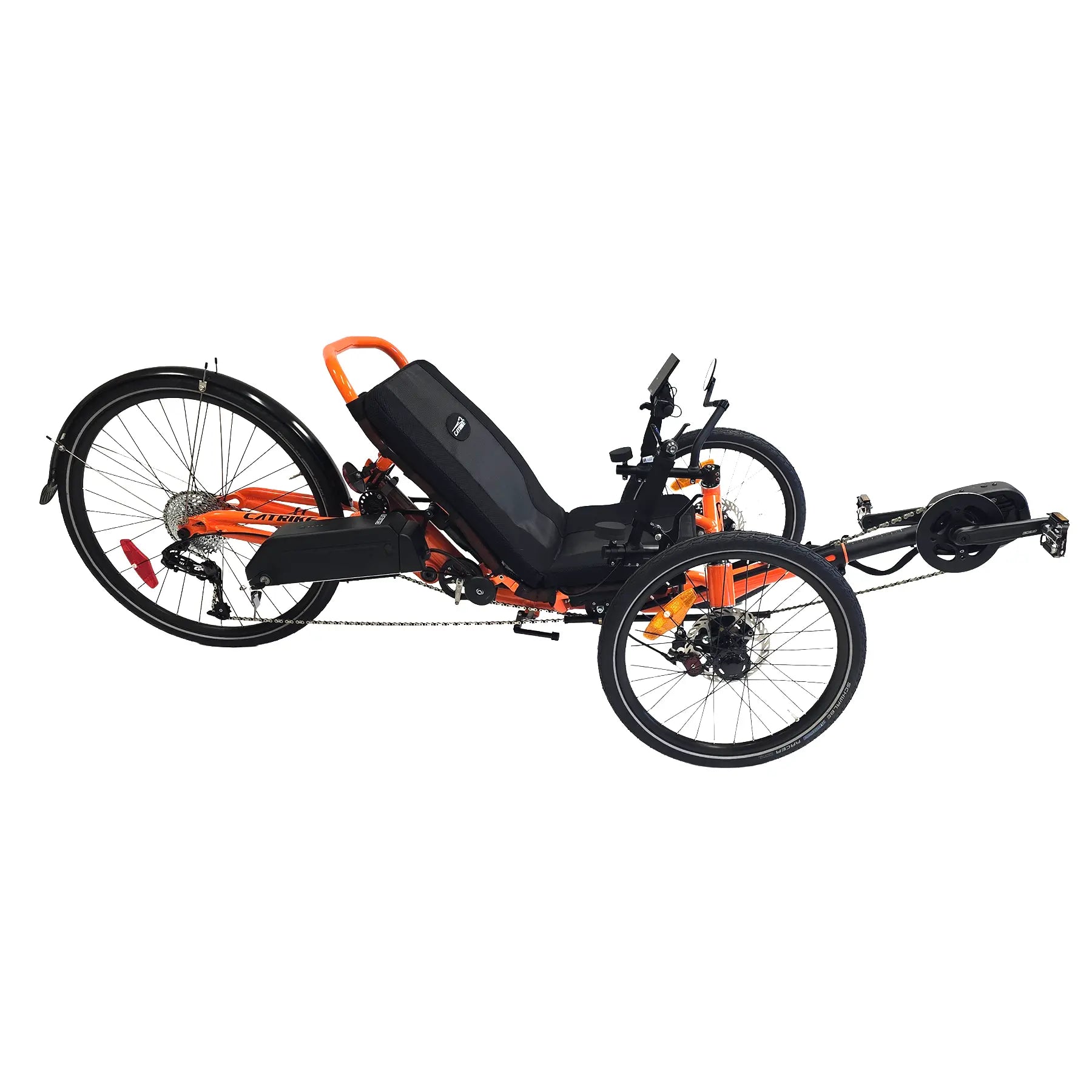Image of the GRIDE Solutions GXT Plus E-Trike Drive System for 26 inch Rear Wheels installed on an orange Catrike Dumont against a white background.