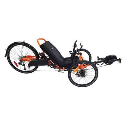 Image of the GRIDE Solutions GXT Plus E-Trike Drive System for 26 inch Rear Wheels installed on an orange Catrike Dumont against a white background.