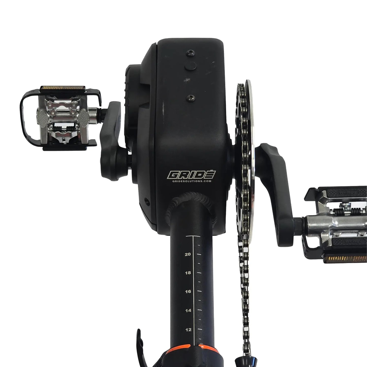 Closeup view of the GRIDE Solutions GXT Plus E-Trike Drive System for 26 inch Rear Wheels motor installed on a Catrike Dumont against a white background.