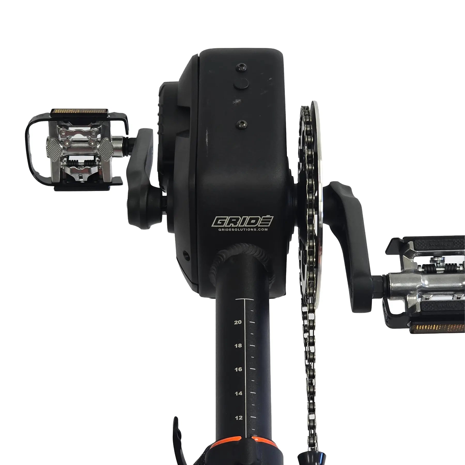 Closeup view of the GRIDE Solutions GXT Plus E-Trike Drive System for 26 inch Rear Wheels motor installed on a Catrike Dumont against a white background.