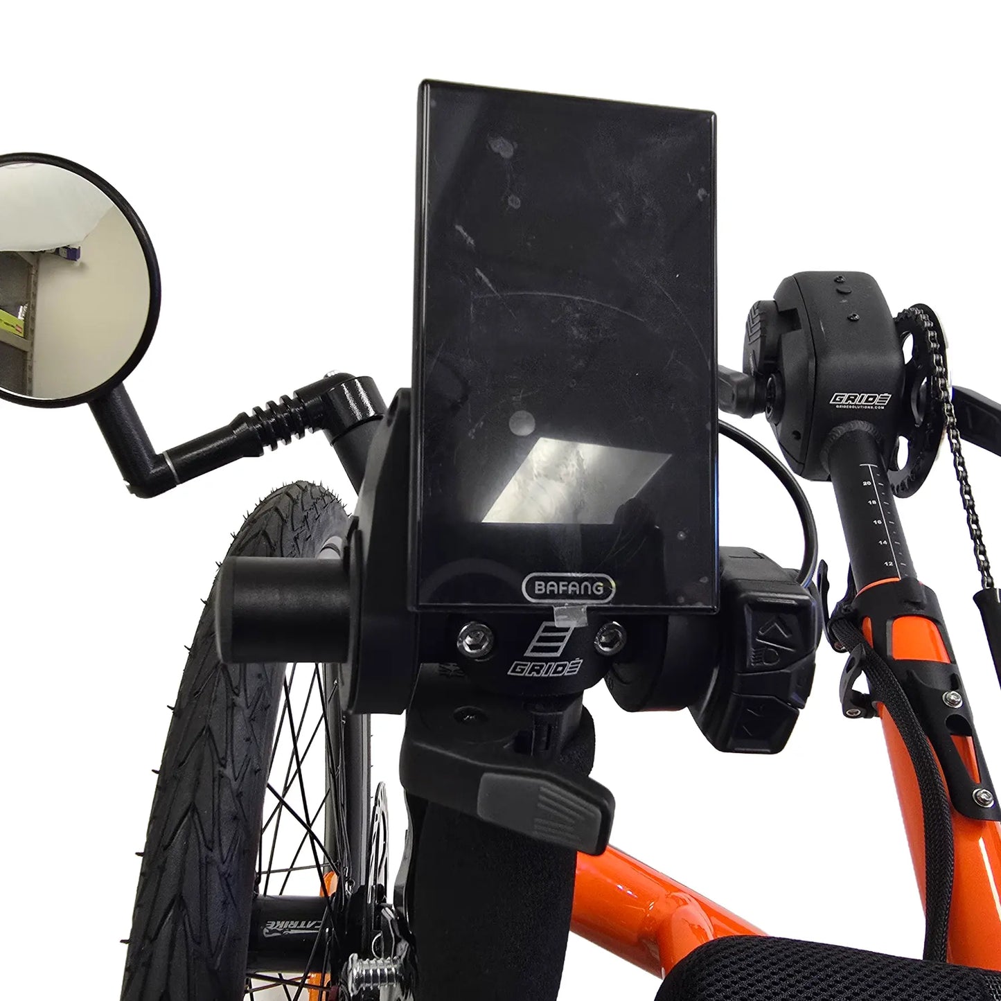 Image of the GRIDE Solutions GXT Plus E-Trike Drive System mount, display, controller and optional throttle mounted on an orange Catrike Dumont against a white background.