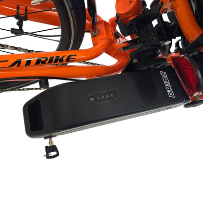 Closeup view of the battery on the GRIDE Solutions GXT Plus E-Trike Drive System for 26 inch Rear Wheels against a white background.