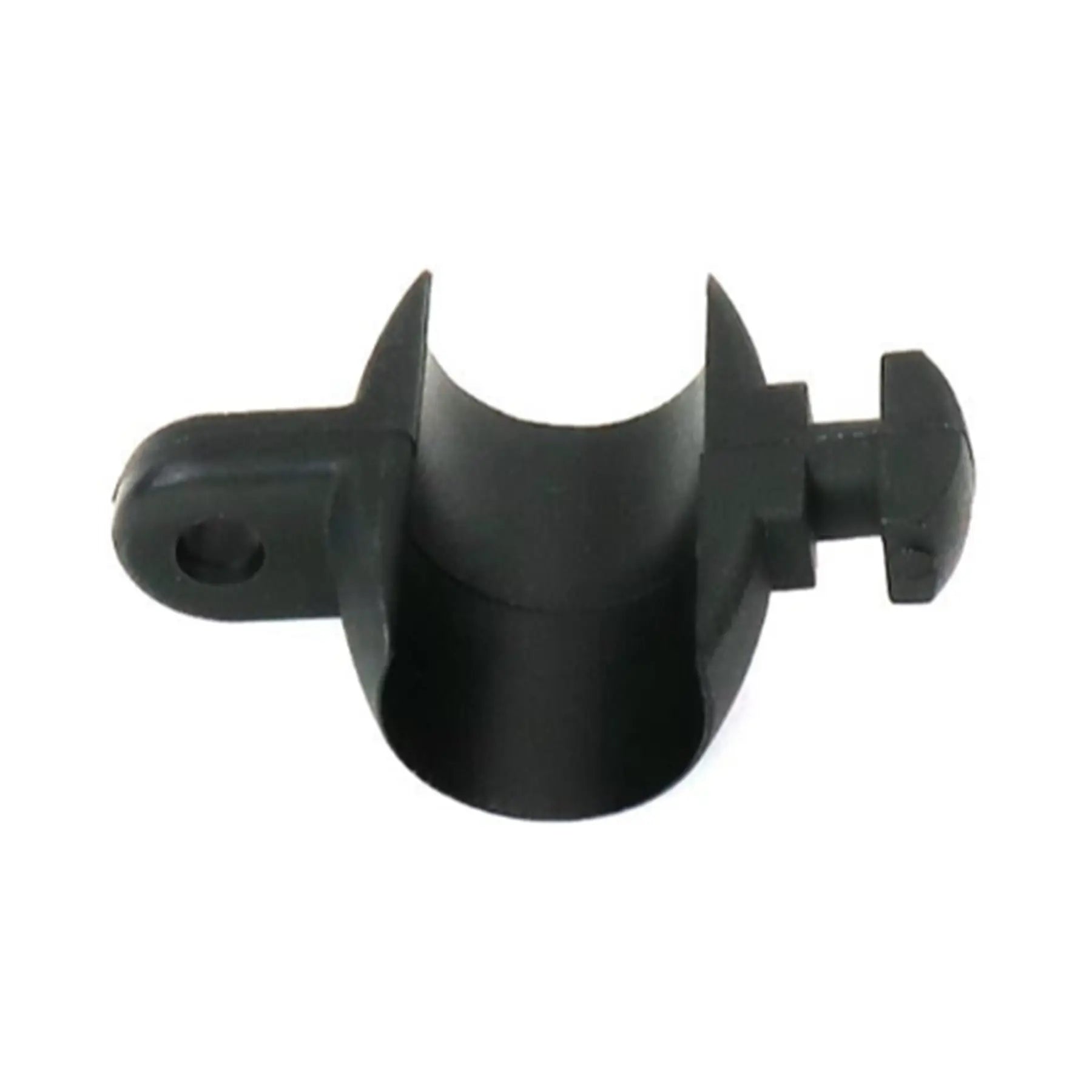 End view of the black Hase Chain Tube Plastic Bracket Half Tube against a white background.