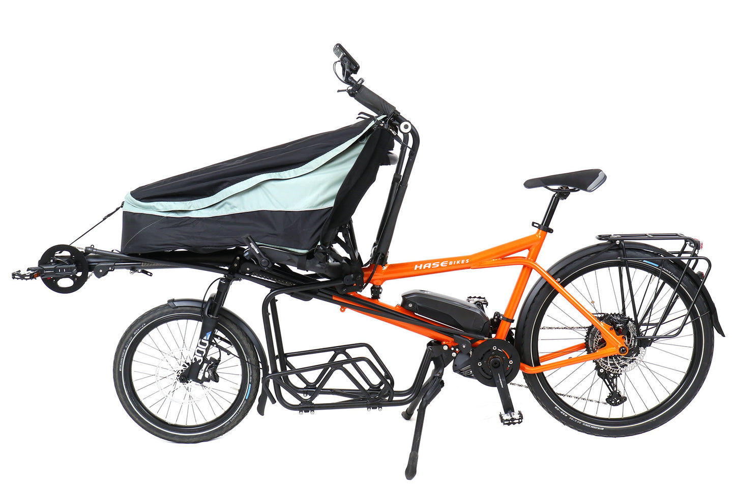 Side view of the Hase Demo Pino Cargo EP8 Orange Tandem Bicycle with Cargo Bag against a white background.