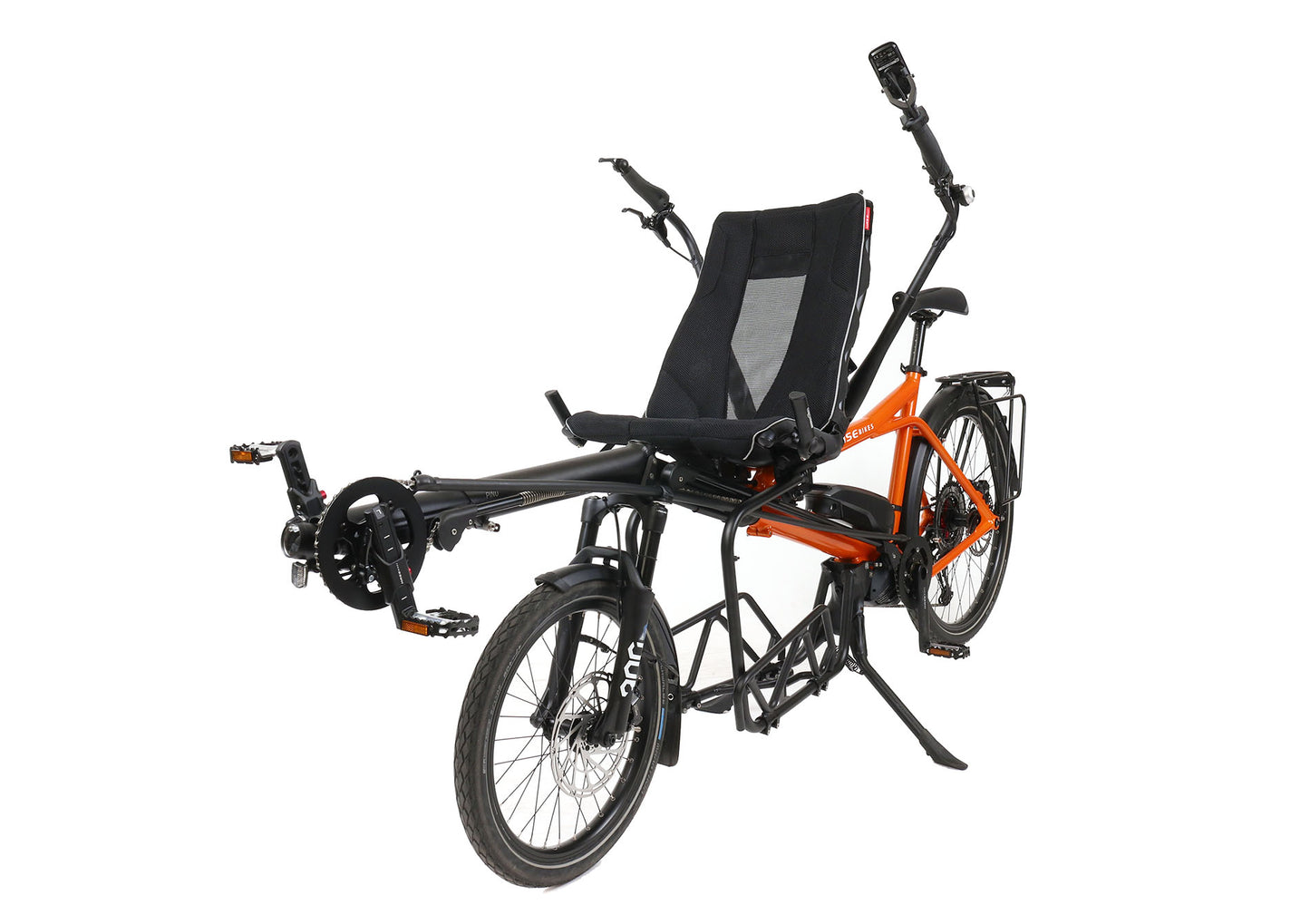 Front angled view of the Hase Demo Pino Cargo EP8 Orange Tandem Bicycle against a white background.