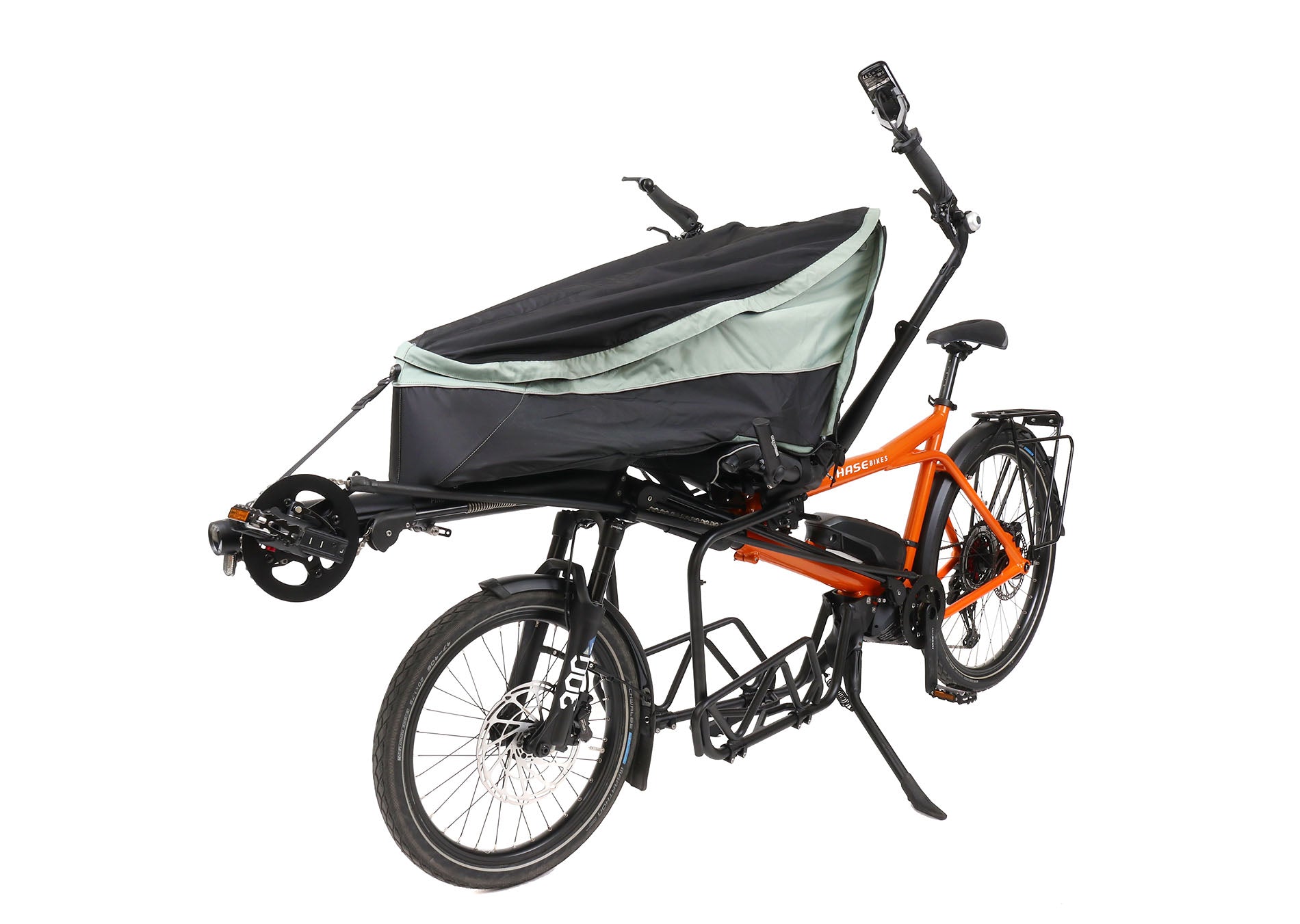 Front angled view of the Hase Demo Pino Cargo EP8 Orange Tandem Bicycle with Cargo Bag against a white background.