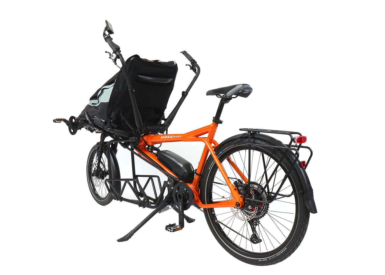 Rear angled view of the Hase Demo Pino Cargo EP8 Orange Tandem Bicycle with Cargo Bag against a white background.