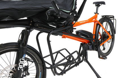 Front closeup view of the Hase Demo Pino Cargo EP8 Orange Tandem Bicycle against a white background.