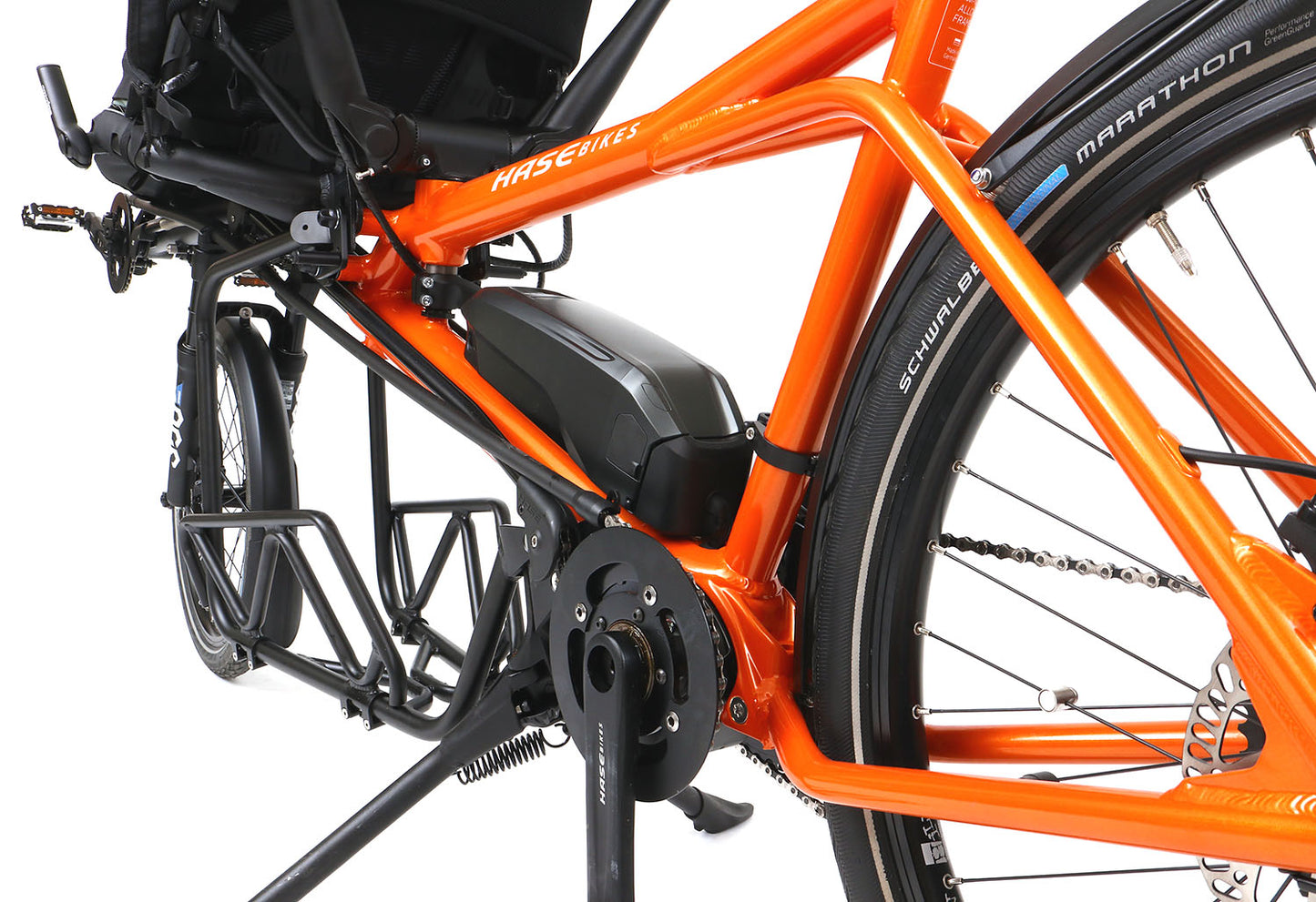 Rear closeup view of the Hase Demo Pino Cargo EP8 Orange Tandem Bicycle against a white background.