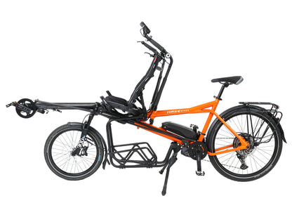Side view of the Hase Demo Pino Cargo EP8 Orange Tandem Bicycle against a white background.