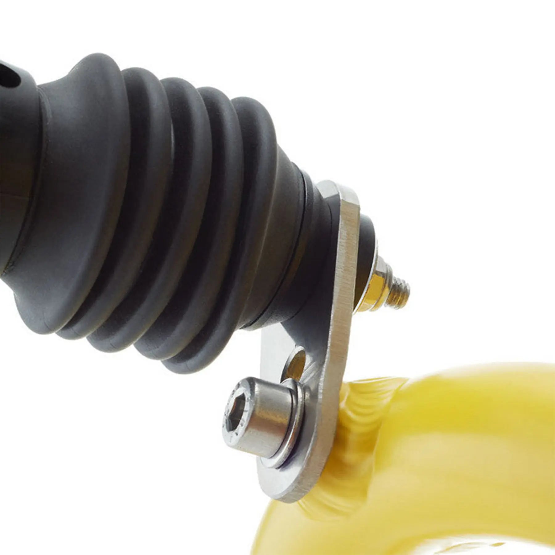 Image of some of the parts in the Hase Direct Connection for Weber Hitch connecting a weber hitch and a yellow Hase trike against a white background.