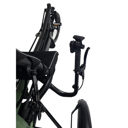 Closeup view of the handlebar and brake lever on the Hase Kettwiesel One Plus Enviolo Bosch Performance CX Pale Green Recumbent Trike against a white background.