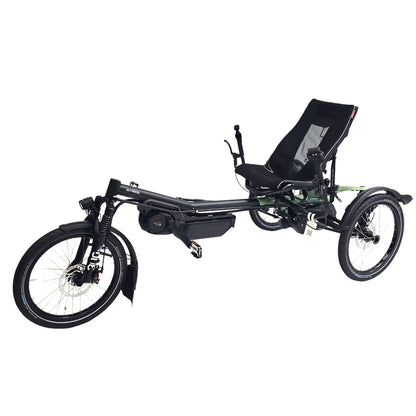 Angled non-drive side view of the Hase Kettwiesel One Plus Enviolo Bosch Performance CX Pale Green Recumbent Trike against a white background.