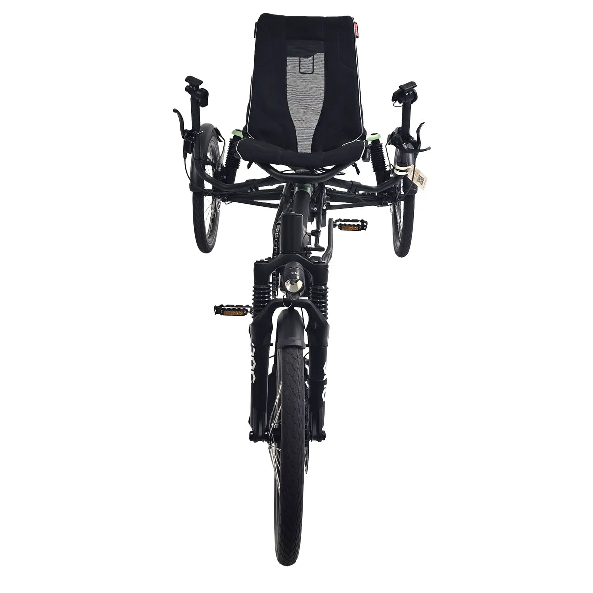 Front view of the Hase Kettwiesel One Plus Enviolo Bosch Performance CX Pale Green Recumbent Trike against a white background.