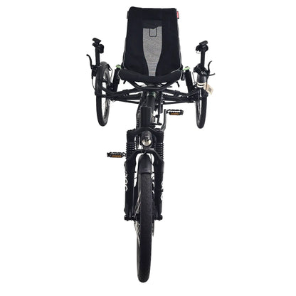 Front view of the Hase Kettwiesel One Plus Enviolo Bosch Performance CX Pale Green Recumbent Trike against a white background.