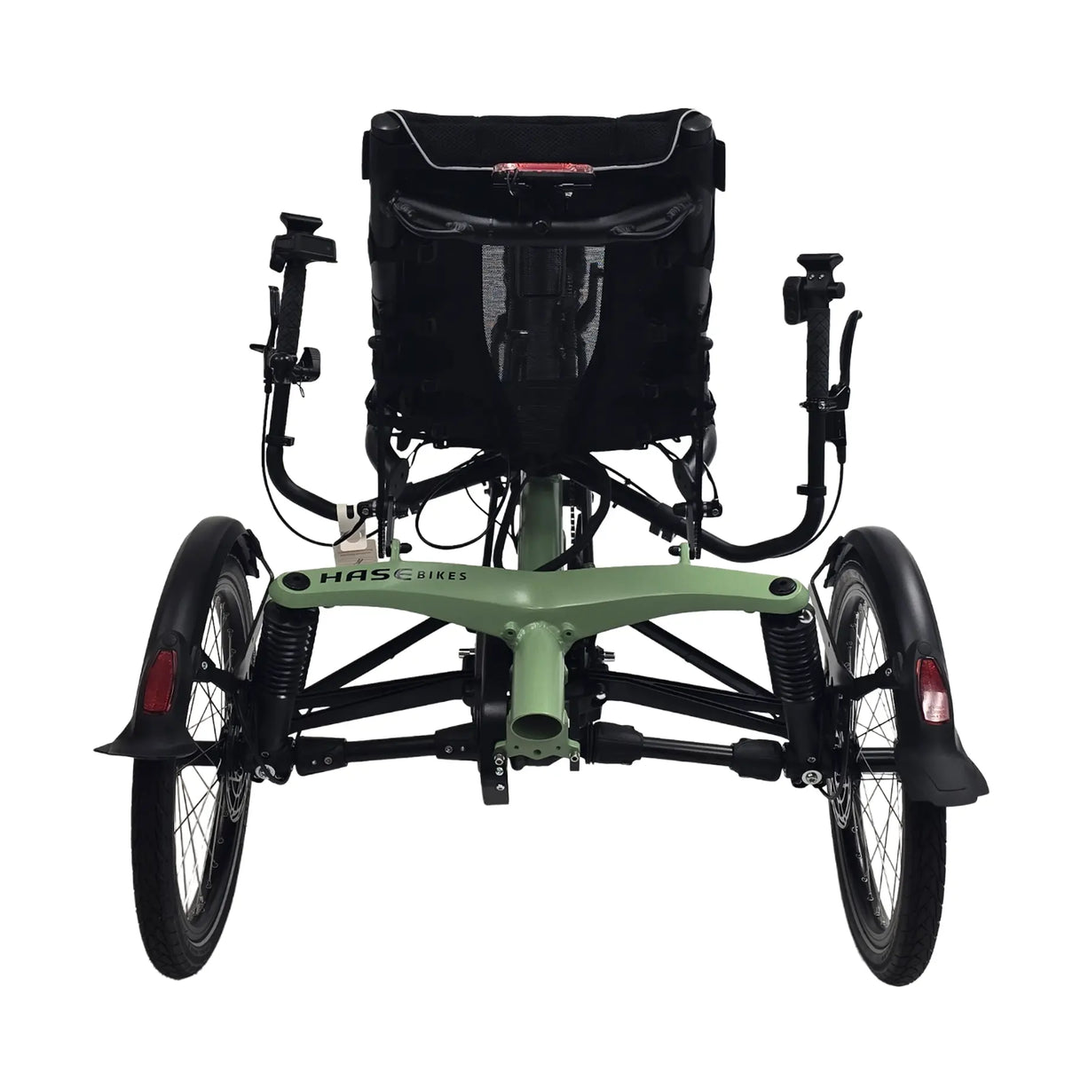 Rear view of the Hase Kettwiesel One Plus Enviolo Bosch Performance CX Pale Green Recumbent Trike against a white background.