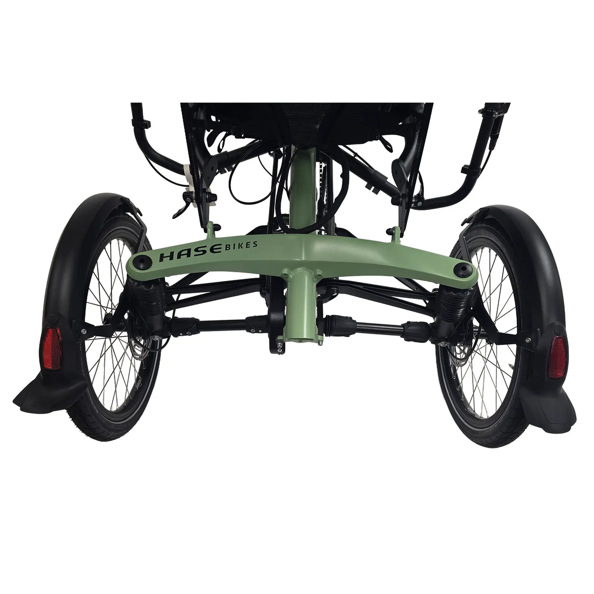 Closeup rear view of the Hase Kettwiesel One Plus Enviolo Bosch Performance CX Pale Green Recumbent Trike against a white background.