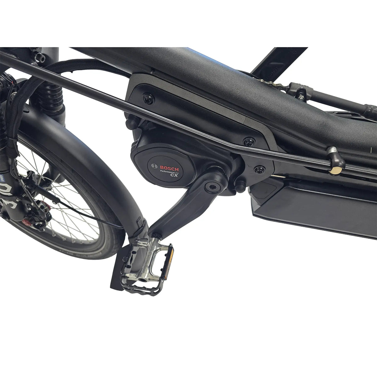 Closeup view of the Bosch motor on the Hase Kettwiesel One Plus Enviolo Bosch Performance CX Pale Green Recumbent Trike against a white background.