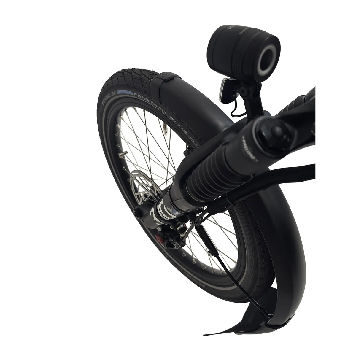 Closeup view of the headlight, front suspension and wheel on the Hase Kettwiesel One Plus Enviolo Bosch Performance CX Pale Green Recumbent Trike against a white background.