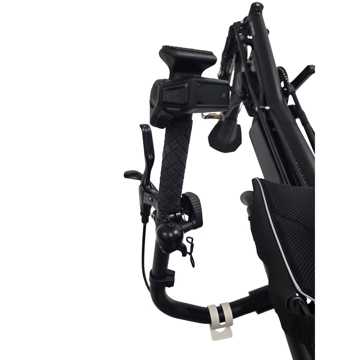 Closeup view of the Bosch controller and bell on the handlebar on the Hase Kettwiesel One Plus Enviolo Bosch Performance CX Pale Green Recumbent Trike against a white background.