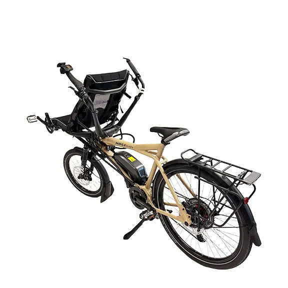 Angled rear view of the Hase Pino EP6 Cargo Grey Beige Tandem Recumbent Bike against a white background.