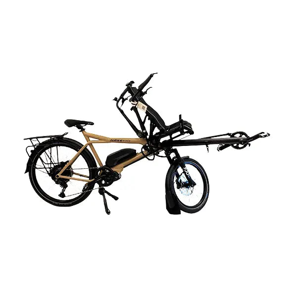 Side view of the Hase Pino EP6 Cargo Grey Beige Tandem Recumbent Bike against a white background.