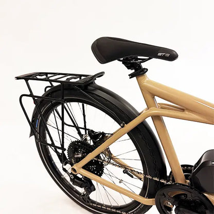 Closeup view of the rear rack, back wheel, frame and saddle on the Hase Pino EP6 Cargo Grey Beige Tandem Recumbent Bike against a white background.