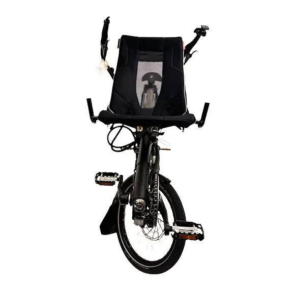 Front view of the Hase Pino EP6 Cargo Grey Beige Tandem Recumbent Bike against a white background.
