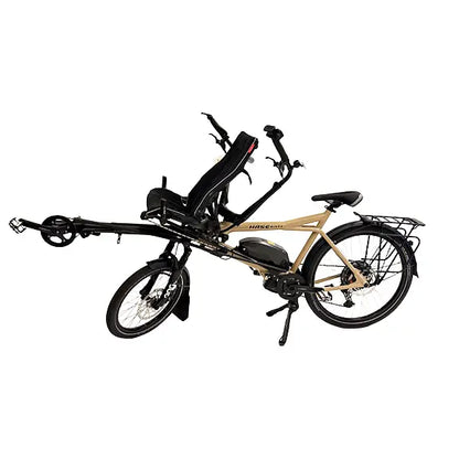 Non-drive side view of the Hase Pino EP6 Cargo Grey Beige Tandem Recumbent Bike against a white background.