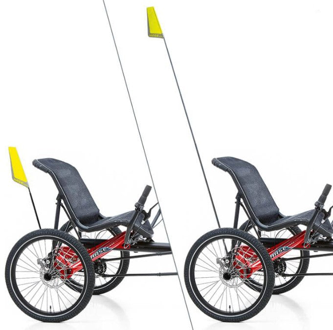Hase Telescopic Flag with Holder shown on a trike in the raised and lowered postion against a white background.