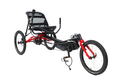 Hase Trigo Shimano Internal 8-speed Nexus Under Seat Steering Steps 5000 Electric Assist Right-Handed Controls Red Recumbent Trike Tricycle Front Quarter View