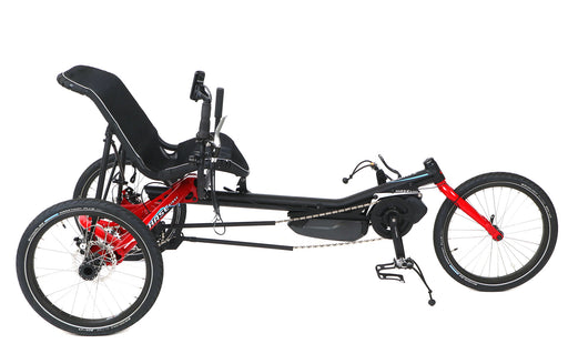Hase Trigo Shimano Internal 8-speed Nexus Under Seat Steering Steps 5000 Electric Assist Right-Handed Controls Red Recumbent Trike Tricycle Side View