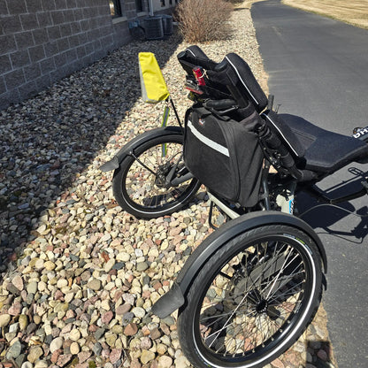 Closeup view of the back of the Hase Used 2022 Kettwiesel Evo Steps 6100 with 630wh Battery and 2A Charger Recumbent Trike in an outdoor setting.
