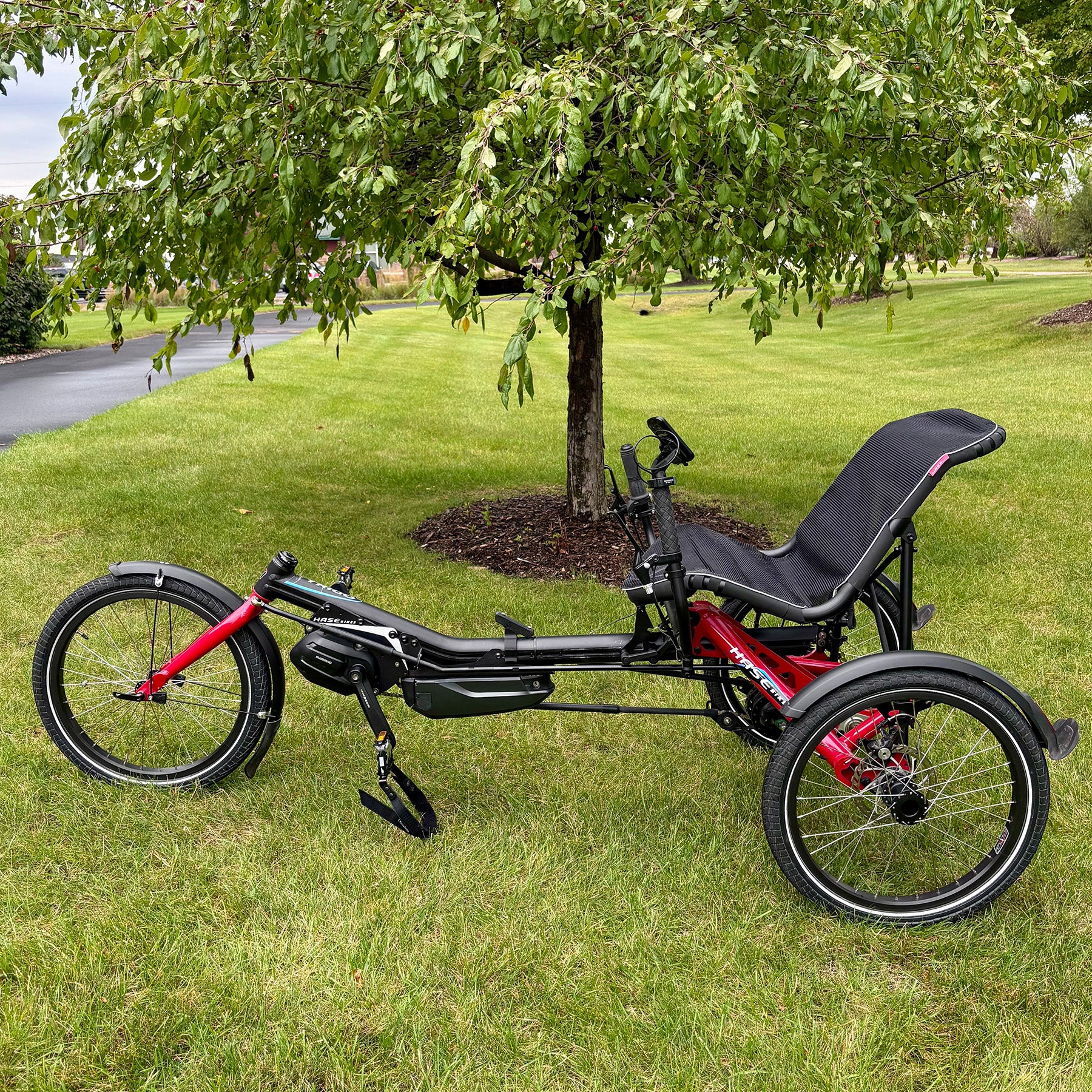 Three-wheeled red Hase Trigo recumbent trike on grass with a tree in the background