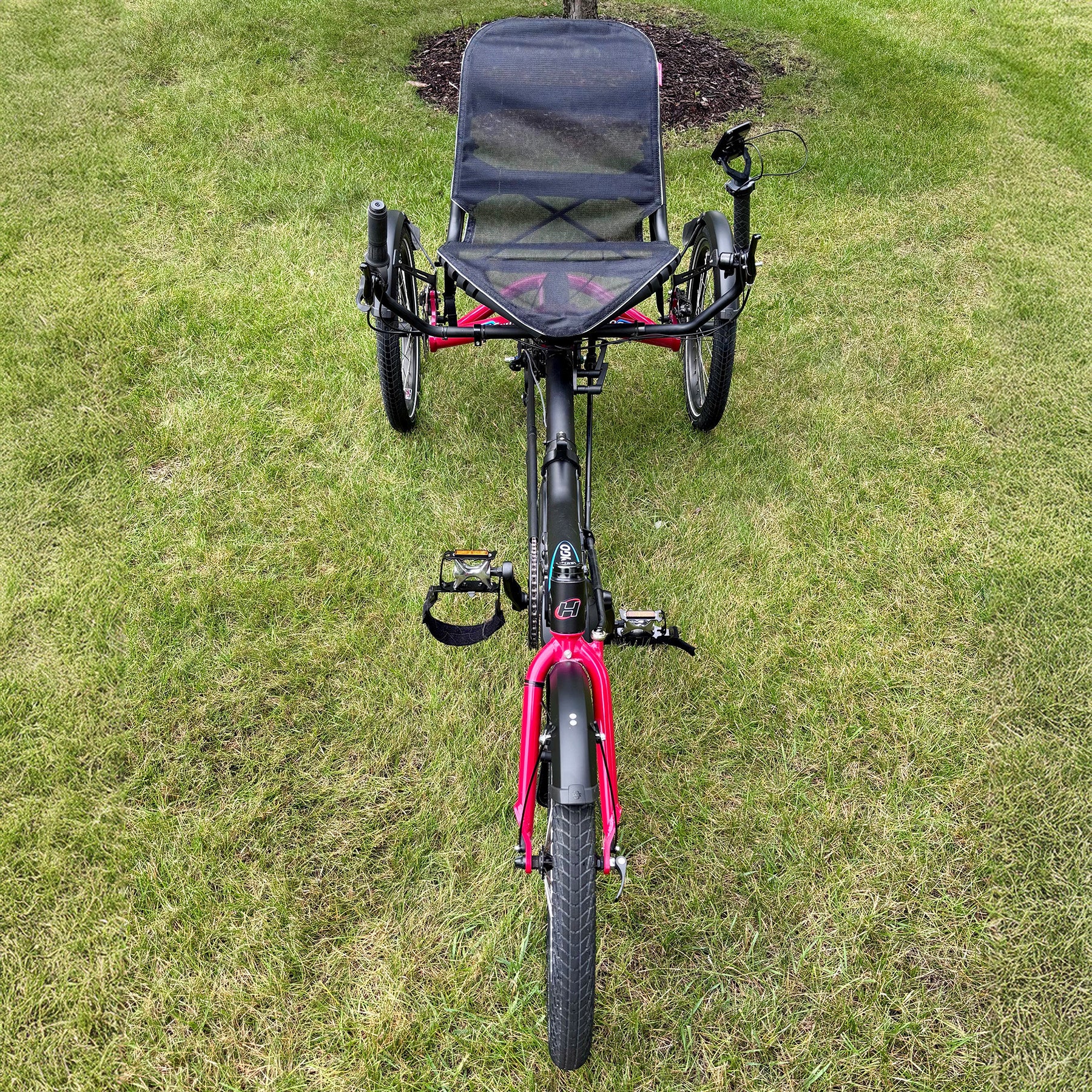 Red recumbent Hase Trigo tricycle on a grassy area.