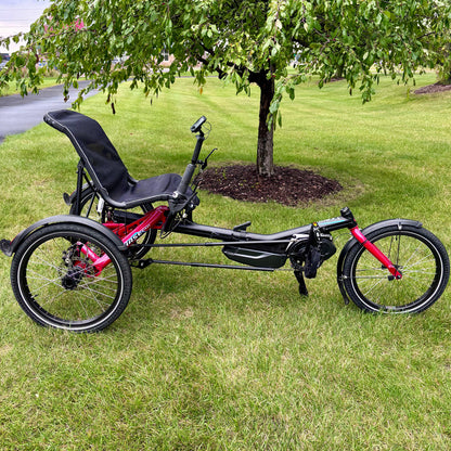 Red Hase Trigo recumbent trike on grass with trees in the background.